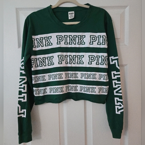 PINK Victoria's Secret Tops - NWOT PINK Victoria's Secret Cropped Raw Hem Striped Logo Longsleeve